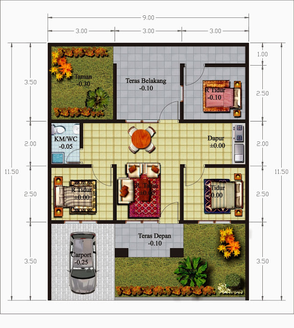 denah rumah minimalis 3 kamar modern