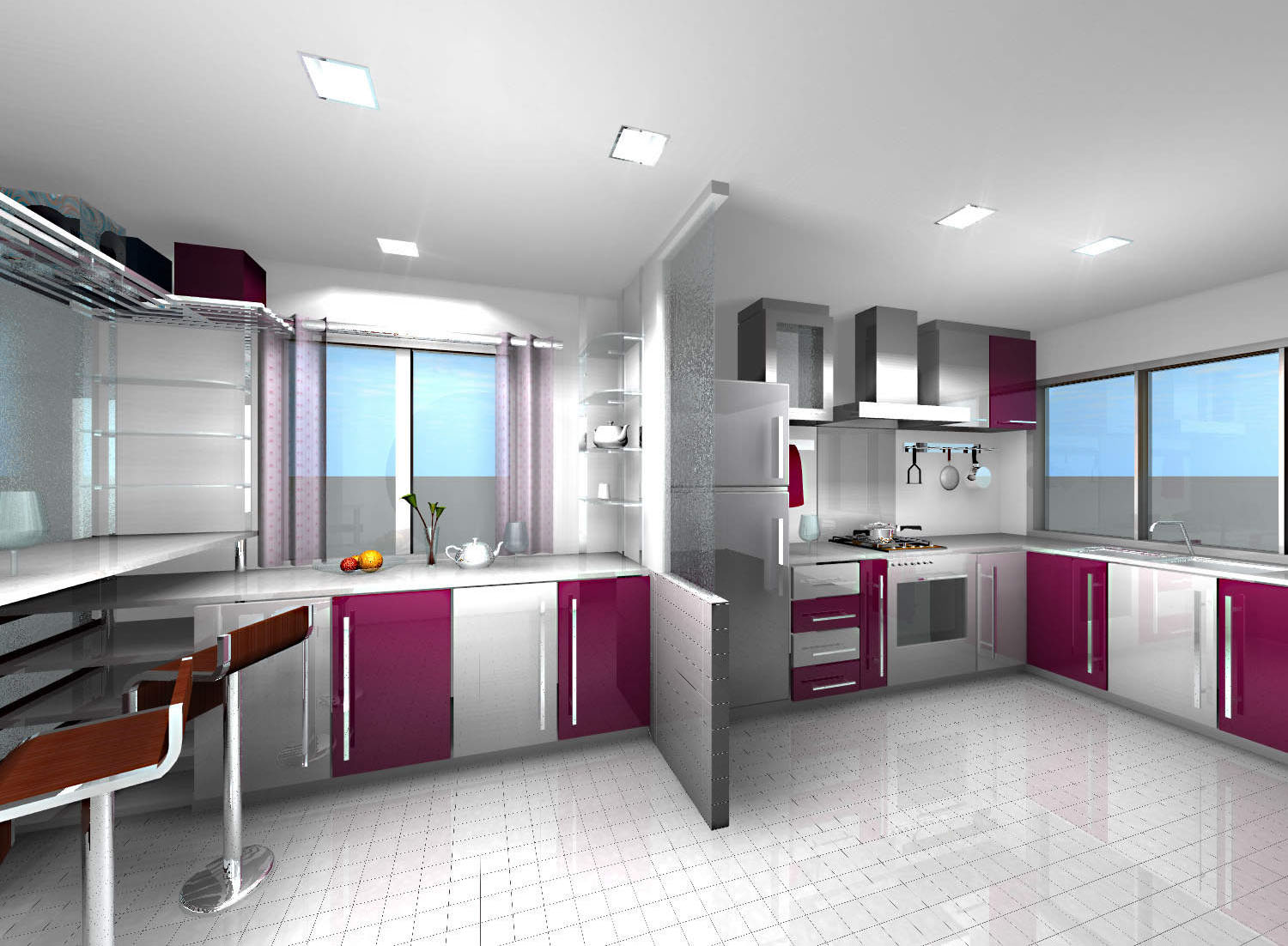 Interior Dapur Minimalis dengan Paduan Warna Putih dan Ungu