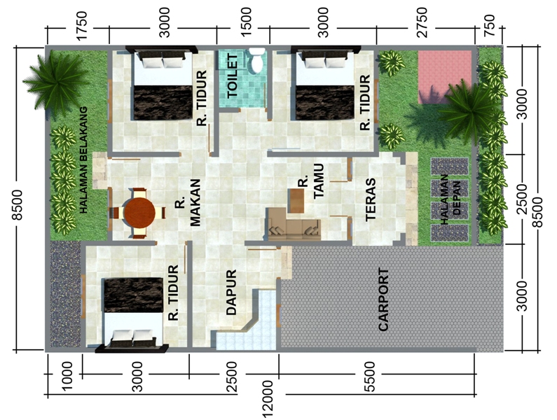 Denah Rumah Minimalis 3 Kamar Tidur