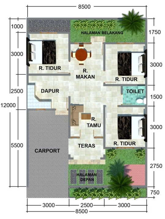 Denah Rumah Sederhana 3 Kamar Tidur Tipe 36
