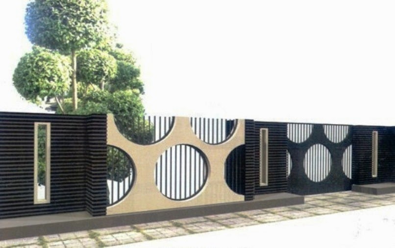 pagar rumah minimalis modern batu bata dan besi motif polkadot