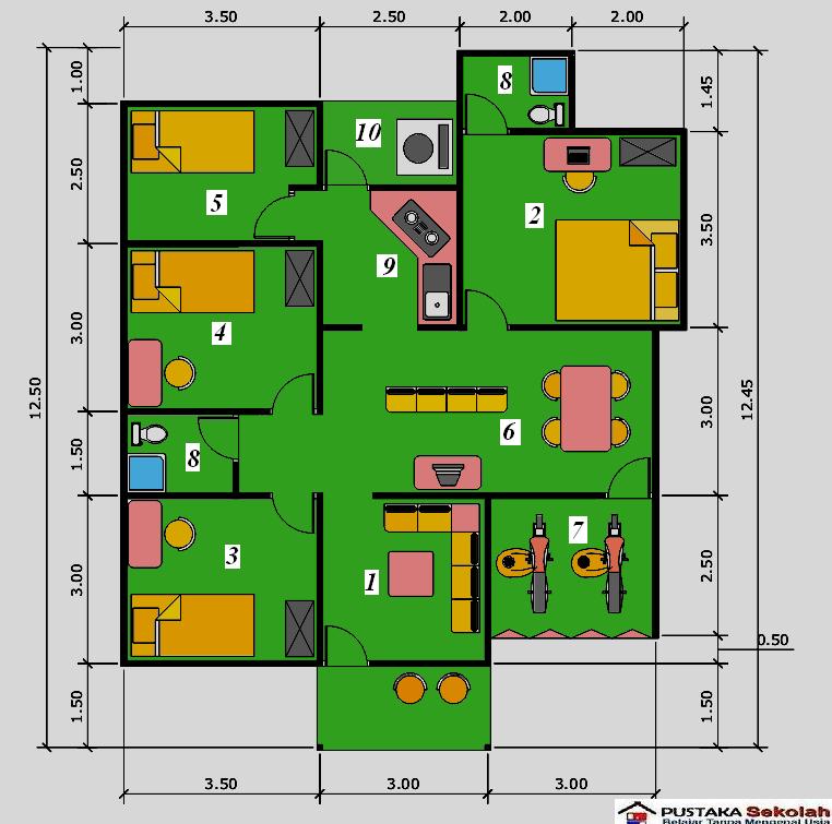 Denah rumah minimalis 1 lantai dan 3 kamar tidur