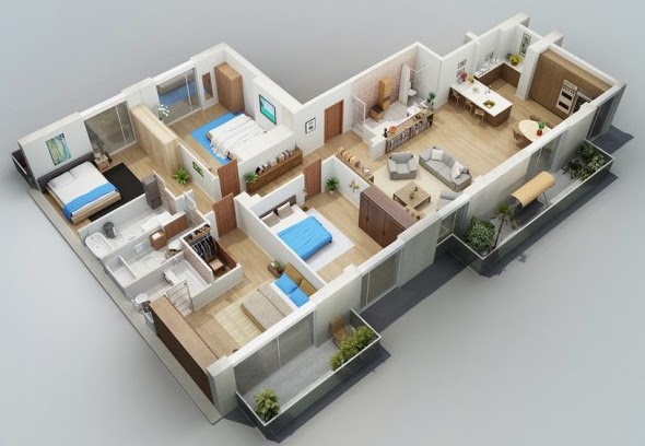 denah rumah minimalis 1 lantai 3 kamar tidur