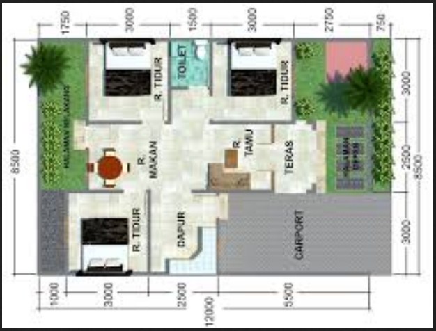 Denah Rumah Minimalis 1 Lantai 3 Kamar Tidur 3