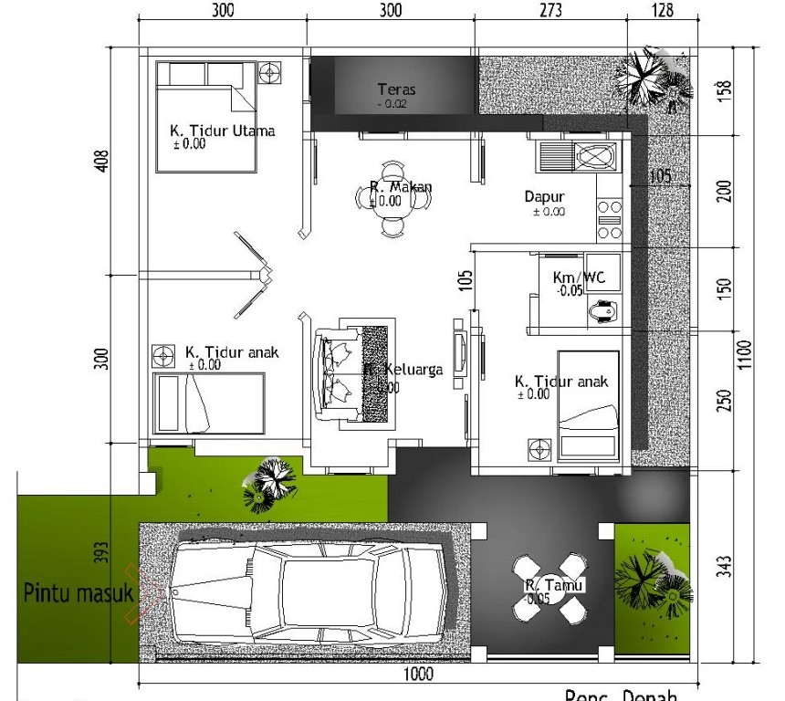 Denah Rumah 1 Lantai dengan 3 Kamar Tidur